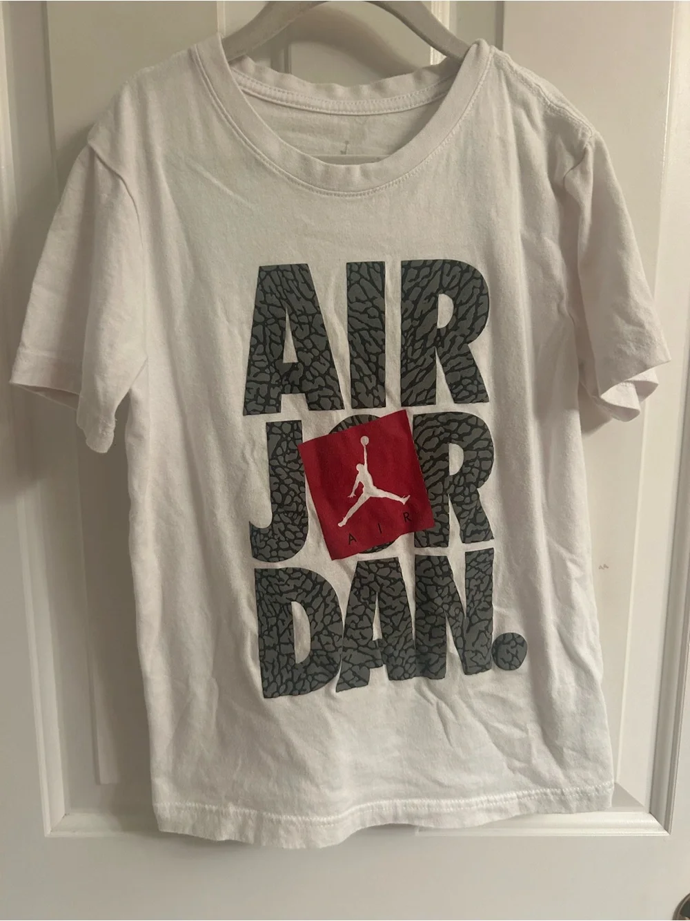 Boys Jordan White Short Sleeve Tee with Gray Graphic and Red Jumpman